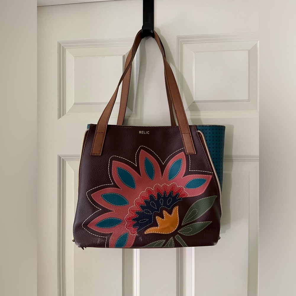 Relic Brown Tote with Multicolor Floral Appliqué